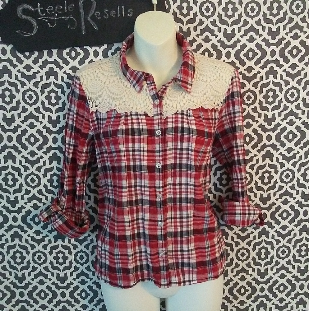 Papaya Red Plaid Eyelet Fall Button Up Shirt Large